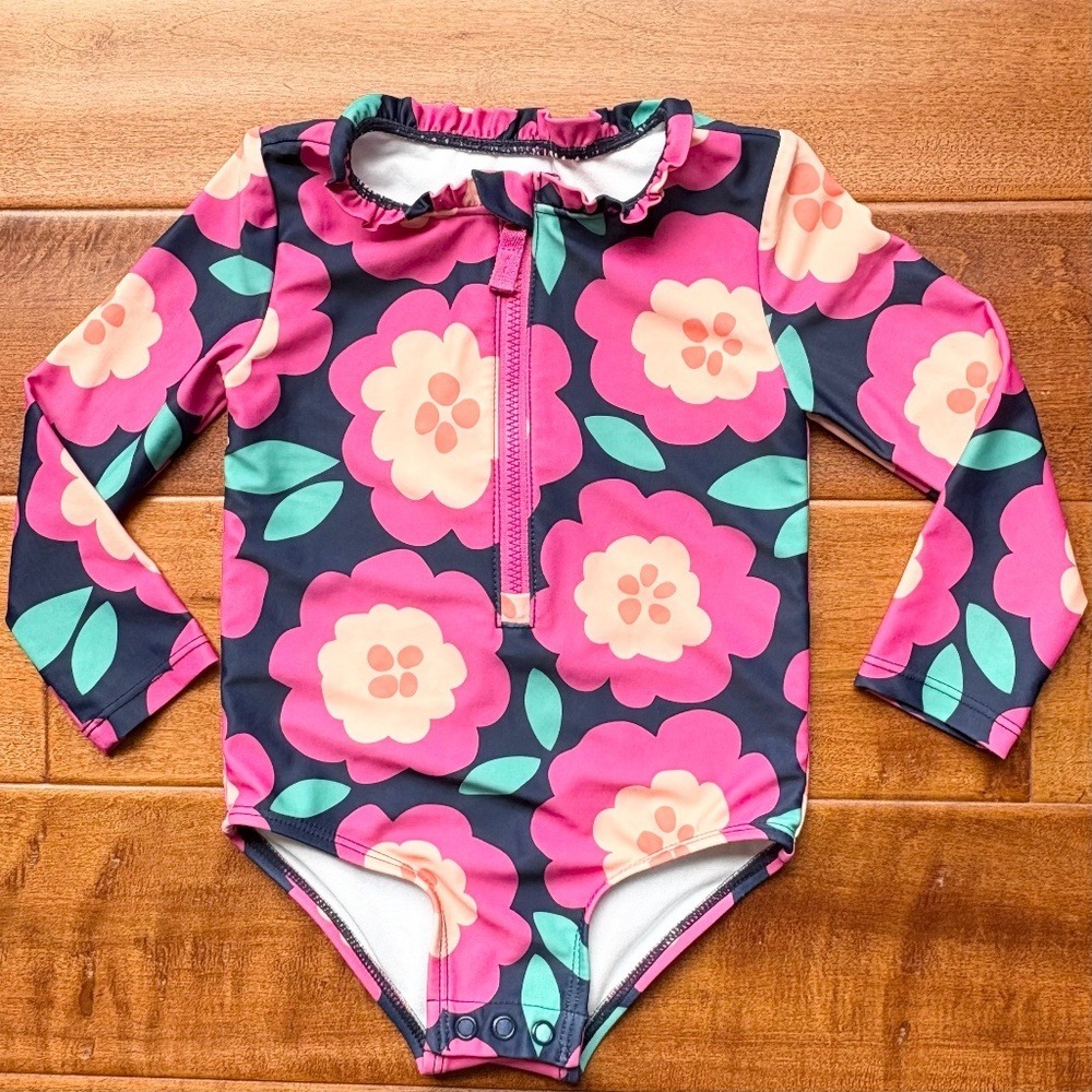 Carter's Just One You Floral Rash Guard Swimsuit Girls 18M Pink Navy‎ UPF 50+